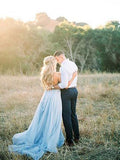 A Line Sky Blue Rustic Chiffon Deep V Neck Slit Summer Beach Wedding Dresses