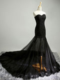 Sexy Black Sweetheart Sheath Tulle Beads Lace Appliques Strapless Long Prom Dresses