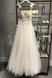 Sexy Spaghetti Straps V Neck A Line Tulle Ivory Backless Prom Dresses Wedding Dresses