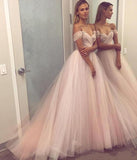 A Line Sweetheart Beaded Off the Shoulder Pink Long Prom Dresses Wedding Dress