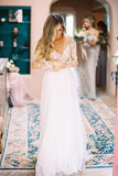 A Line Long Sleeve Deep V Neck Tulle Open Back Lace Appliques Wedding Dresses