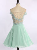 Short Chiffon Tulle Appliques Lace Beads Cute Off the Shoulder Green Homecoming Dresses