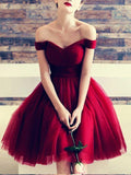 A Line Burgundy Off the Shoulder Tulle Sweetheart Cocktail Dress Homecoming Dresses