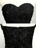 Sexy Black Sweetheart Sheath Tulle Beads Lace Appliques Strapless Long Prom Dresses