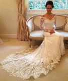 Off the Shoulder Lace Long Sleeve Mermaid V Neck Covered Button Wedding Dresses