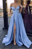 Cheap Simple A Line Blue V Neck Off the Shoulder Satin Long High Slit Prom Dresses