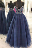 Beautiful A Line Spaghetti Straps V Neck Blue Tulle Rhinestone Long Prom Dresses