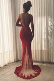 Sexy Burgundy Deep V Neck Mermaid Prom Dresses Lace Long Slit Evening Dresses