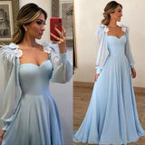 Blue Long Sleeves Sweetheart Prom Dresses A Line Long Evening Dresses