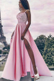 A Line Spaghetti Straps High Slit Sweetheart Chiffon Lace Appliques Prom Dresses