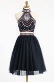 Dark Blue Beads Short Cute Halter Homecoming Dress with Sweet 16 Cocktail