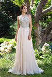 A-Line Chiffon High Neck Pink Beads Sleeveless Backless Floor-Length Prom Dresses