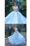 Light Blue Lace Appliques Ball Gown Tulle Prom Dresses Princess Wedding Dresses