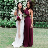 Charming Burgundy A-Line Halter Backless Maroon Chiffon Bridesmaid Dress with Sash