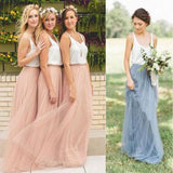 Cheap Junior Off Shoulder Scoop Neck White Blush Pink Tulle Long Bridesmaid Dresses