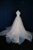 A-Line Off-the-Shoulder Tulle Sweetheart Lace up Ivory Bowknot Beach Wedding Dresses