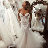 Off the Shoulder Mermaid Tulle Wedding Dresses Lace Appliques Bridal Gown