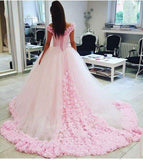 Pink Long Sleeveless Flowers Off the Shoulder Lace up Tulle Ball Gown Wedding Dresses