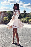 Cute A Line Round Neck White Lace Long Sleeves Satin Short Homecoming Dresses