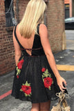 Flower Embroidered Junior V Neck Homecoming Dresses Short Black Lace Hoco Dresses