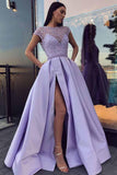 Chic Satin Short Sleeve Scoop Split Beads Purple Slit Open Back Long Prom Dresses