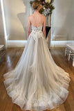 A Line Sweetheart Strapless Backless Silver Grey Tulle Wedding Dresses with Sweep Train