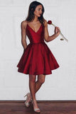 A-Line Spaghetti Straps Short V-Neck Dark Red Satin Homecoming Dress with Pockets