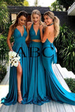 Elegant A Line Mermaid Deep V Neck Long Blue Backless Bridesmaid Dresses