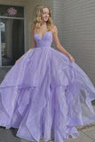 Long Princess Lavender Tiered A Line Spaghetti Straps Prom Dresses