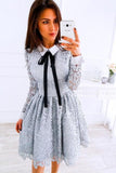 A-Line Crew Long Sleeves Above Knee Grey Lace Short Homecoming Dresses