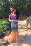 Sexy Elegant Mermaid Tulle Crystals Two Pieces V-Neck Luxurious Long Prom Dresses