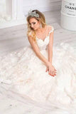 Unique A Line Lace Appliques Cap Sleeves Ivory V Neck Beads Wedding Dresses