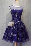 A Line Knee Length Beading Royal Blue Homecoming Dresses Short Bling Prom Dresses