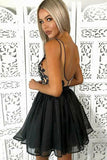 A-Line Straps Backless Short Black Chiffon Open Back Lace Pleats Homecoming Dress