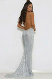 Backless V-neck Sequins Silver Spaghetti Straps Short Train Mermaid Prom Dresses