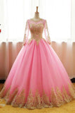 Ball Gown Long Sleeve Gold Rose Red Tulle Round Neck Lace up Prom Quinceanera Dresses