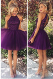 Purple Halter A-line Scoop Beaded Sleeveless Backless Short Homecoming Dresses