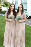 A Line Long Cheap Chiffon V Neck Beads Sparkly Short Sleeve Bridesmaid Dresses uk PW284