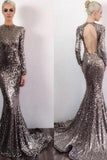 Long Sleeve Sequin Open Back Mermaid Shinny High Neck Floor-Length Prom Dresses