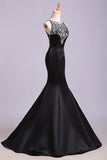 Sexy Black Mermaid Beads High Neck Satin Button Cheap Prom Dresses Party Dress