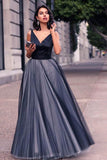 A-Line V-Neck Sleeveless Tulle Backless Navy Blue Floor Length Evening Prom Dresses