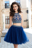 A-Line Dark Navy Princess Jewel Sleeveless Beading Short Mini Tulle Homecoming Dress