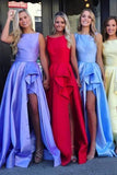 Cheap Long Scoop Simple Ruffled Slit Prom Dresses Satin Formal Dresses