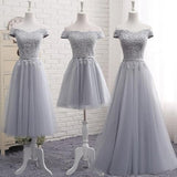 A-Line Gray Lace Off the Shoulder Tulle Lace-up Sweetheart Prom Dresses