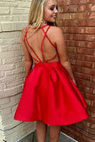 A-Line V-Neck Open Back Short Mini Red Satin Knee Length Homecoming Dresses