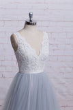 A-Line V-Neck Ivory Lace Bodice Grey Tulle Skirt Chapel Train Appliques Wedding Dress