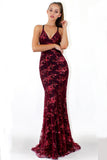 Fashion Spaghetti Straps Burgundy Sequin Mermaid Backless Deep V Neck Prom Dresses