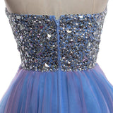 Strapless Cute Tulle Short Sweetheart Beading Blue Rhinestone Homecoming Dresses