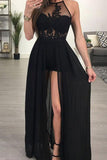 A-line Halter See-through Black Floor Length Appliqued Chiffon Sexy Long Prom