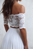 A-Line Long Lace Ivory Chiffon Off the Shoulder Short Sleeve Two Pieces Wedding Dresses